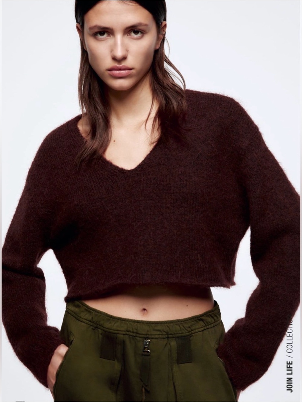 Zara Women's V-Neck Ultra Cropped Sweater - Deep Wine